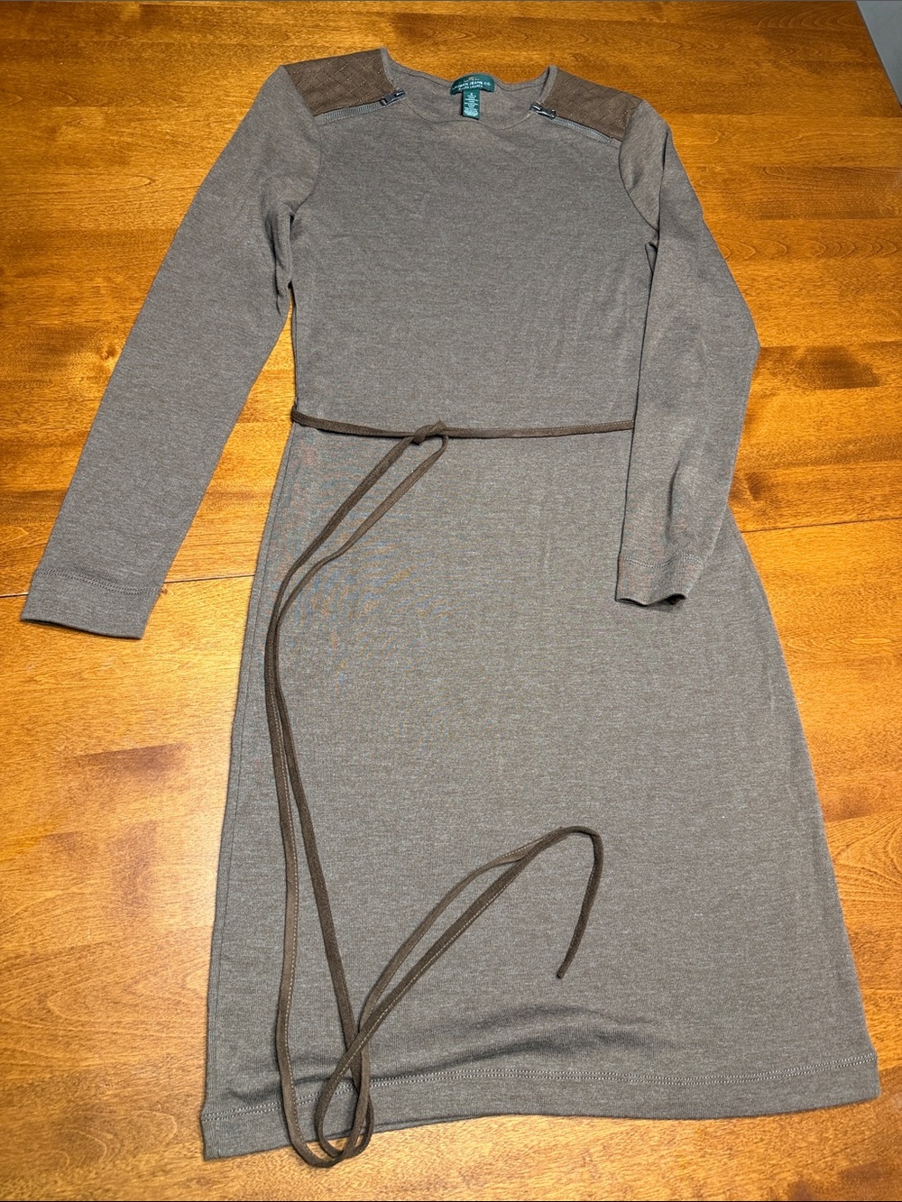 Ralph Lauren Small Long Sleeve Taupe Knit Belted Dress with Zipper Accents